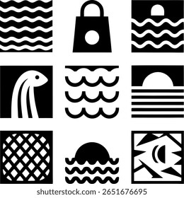 A collection of nine square icons, each with a unique black and white design. They include waves, a sea monster, a shopping bag, and abstract geometric patterns.