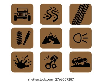 Collection of nine square icons representing off road driving and vehicle components.