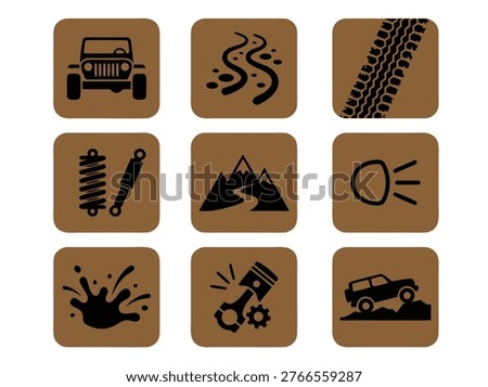 Collection of nine square icons representing off road driving and vehicle components.