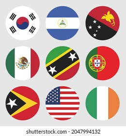 a collection of nine state flags in a round shape with their original colors consisting of the state flags of the USA, South Korea, Angola, Papua New Guinea, Mexico, and Portugal.