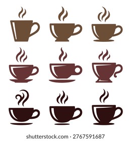 A collection of nine steaming hot coffee cup icons in various shades of brown, maroon, and black, each with a unique design and style, isolated on white background
