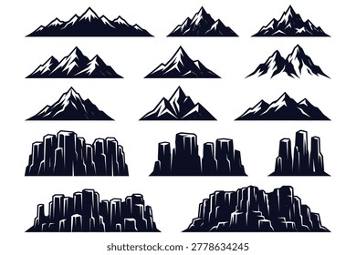 Collection of nine stylized black mountain silhouettes in varying rugged textures and sharp peak designs on clean white background ideal for travel branding and outdoor adventure marketing materials