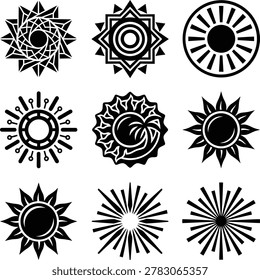 Collection of nine stylized black sun icons and celestial emblems isolated on a transparent background featuring various designs