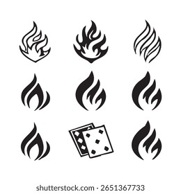 A collection of nine stylized black and white icons featuring flames and two playing cards, presented in a 3x3 grid arrangement on a white background.