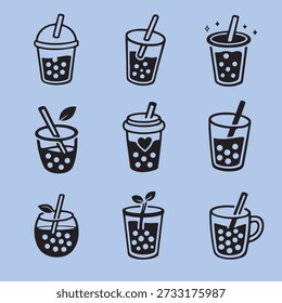 A collection of nine stylized black and white illustrations of bubble tea drinks, each with a straw and tapioca pearls.