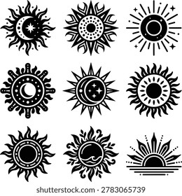 Collection of nine stylized celestial symbols including suns moons and stars in a black graphic art style isolated on transparent background