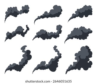 Uma coleção de nove plumas de fumaça cinza-escuro estilizadas ergue-se sobre um pano de fundo branco limpo, criando um gráfico ilustrando a poluição, o fogo ou a descarga industrial.