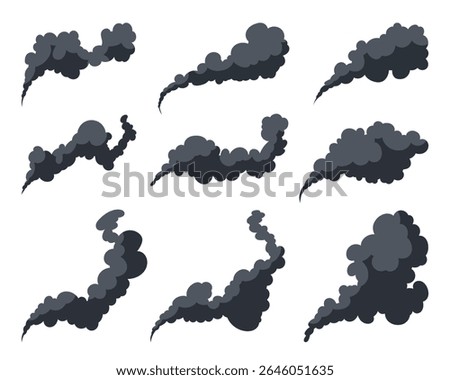 A collection of nine stylized dark gray smoke plumes rising on a clean white backdrop, creating a graphic illustrating pollution, fire, or industrial discharge.