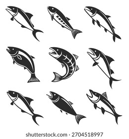 Coleção de nove ilustrações de peixes estilizados em preto e branco. Vintage, estilo retrô. Perfeito para logotipos, impressões ou temas náuticos.
