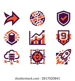 A collection of nine stylized flat icons combining directional arrows, networkserver graphics, growth charts, security badges, and launch motifs in bold orange and dark purple colors.
