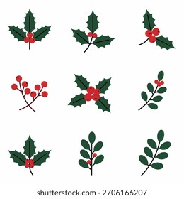 A collection of nine stylized illustrations featuring green holly leaves with red berries and simple green branches with red berries.