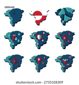 collection of nine stylized maps of Greenland, each featuring different icons and patterns representing various concepts like location, security, water, and population, presented on a white background.