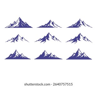 Collection of nine stylized mountain range silhouettes, perfect for logos or design elements.