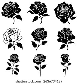 A collection of nine stylized rose illustrations, presented in black silhouette against a plain white background, showcasing varying flower bloom structures and stem designs.