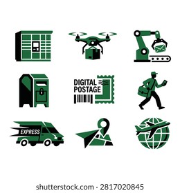 A collection of nine stylized vector icons depicting various aspects of modern postal and delivery services, including warehouses, drones, automated sorting, and global logistics.