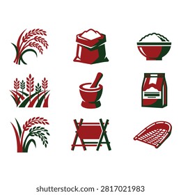 A collection of nine stylized vector icons depicting various agricultural and food processing elements in a clean, minimalist design.