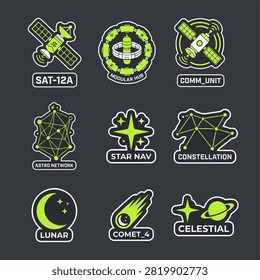 A collection of nine stylized vector icons in a vibrant green and dark gray palette, representing space technology, orbital stations, astronomical networks, and celestial bodies.