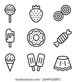 Collection of nine sweet food icons in black outline isolated on white background