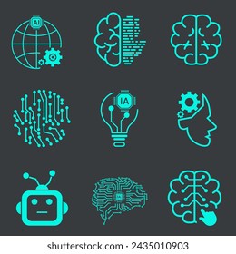 Colección de nueve Iconos de Línea Vectorial de Tecnología de Inteligencia Artificial. Reconocimiento facial, Android, Robot humanoide, Máquinas pensantes