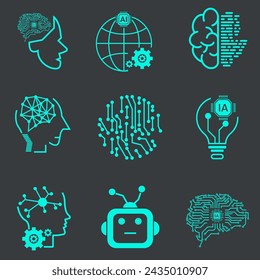 Collection of nine Technology of Artificial Intelligence Vector Line Icons Set. Face Recognition, Android, Humanoid Robotic concept vector and illustration