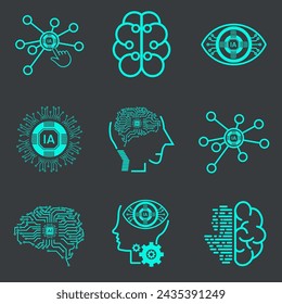 Colección de iconos de tecnología NINE, como robot, digital, vr, ai, ciberseguridad e inteligencia artificial Vector Line Icons Set. Ilustración vectorial de reconocimiento facial