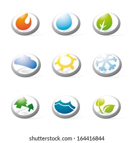 Collection of nine three-dimensional circular icons related to nature, weather, energy and environmental issues