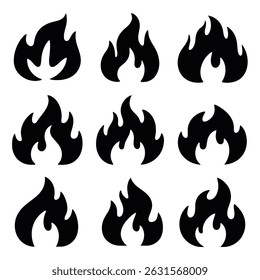 Collection of nine unique black flame icons, perfect for various design projects needing fire symbols.