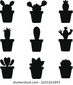 Collection of nine unique cactus silhouettes in pots, perfect for minimalist designs, branding, or home decor projects. Simple, stylish, and versatile vector graphics.