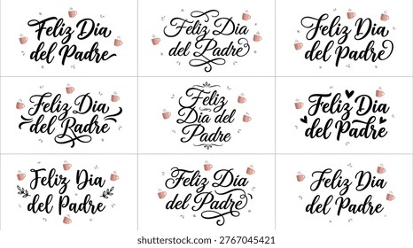 A collection of nine unique calligraphy designs for Father's Day, featuring the Spanish phrase 