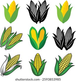 A collection of nine unique corn cob illustrations showcasing diverse design styles. These include flat color designs in yellow and green, bold black silhouettes, and detailed outline drawings. The va