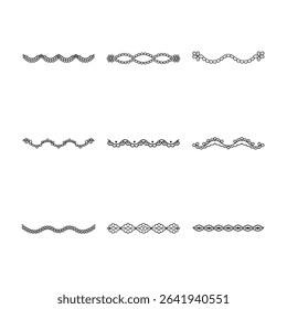 A collection of nine unique decorative borders and dividers featuring floral and geometric patterns in black on a white background.