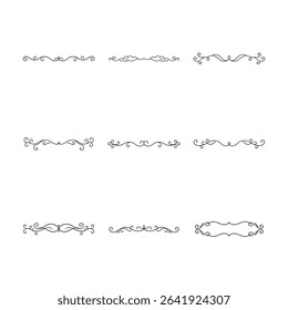 A collection of nine unique, delicate, and ornate black line dividers or borders on a clean white background.