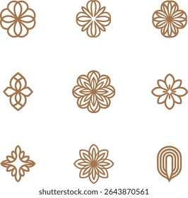 Collection of nine unique floral and geometric vector logo designs in a minimalist, line-art style, isolated on a white background.