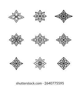 A collection of nine unique geometric flower shapes in black and white.
