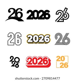 Una colección de nueve Diseños gráficos únicos con los números 26 y el año 2026 en varios estilos y colores.