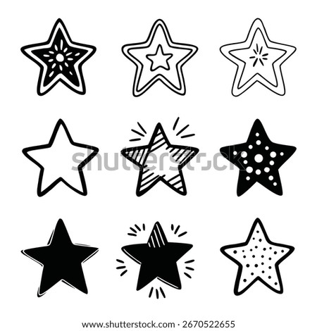 A collection of nine unique, handdrawn star doodles in black and white. Featuring varied designs, shading, and textures, ideal for creative projects.