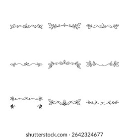 A collection of nine unique, hand-drawn style floral dividers. These black and white borders feature leaves, flowers, and delicate vines.