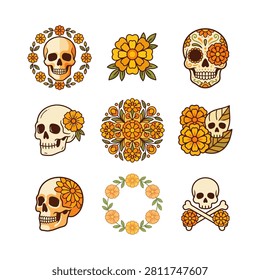 A collection of nine unique illustrations featuring sugar skulls adorned with vibrant marigolds, presented in various arrangements and decorative patterns.
