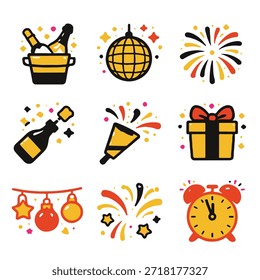 A collection of nine unique New Year celebration flat vector icons designed with a minimal outline style. Each icon uses only three solid colors with consistent black stroke, no gradients, no shadows, and bold geometric shapes. Perfect for UI design, mobile apps, web interfaces, presentations, social media, marketing materials, and holiday-themed graphics. Icons are isolated on a white background, scalable, and suitable for modern digital and print use