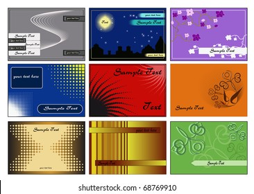 Collection of nine vector cards of different styles.