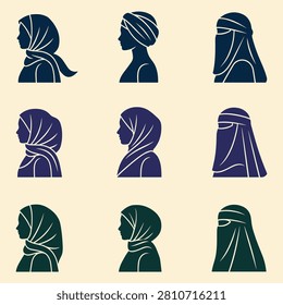 A collection of nine vector icons depicting women in profile view, showcasing different styles of hijabs, headscarves, and niqabs in blue and dark green tones.