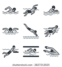 A collection of nine vector icons illustrating various swimming strokes, diving, and aquatic training exercises in a clean linear style.