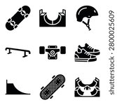 A collection of nine vector icons related to skateboarding, featuring skateboards, safety gear, footwear, and various skate park obstacles and ramps.