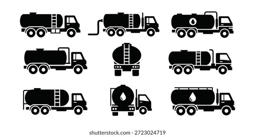Collection of nine vector icons showing different fuel and liquid transport tanker trucks. Cargo hauling element silhouettes.
