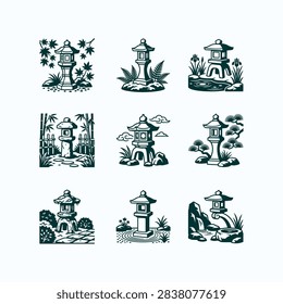 A collection of nine vector illustrations featuring traditional Japanese stone lanterns in various garden settings, ideal for Asian-themed design projects.