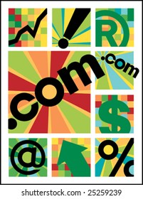 A collection of nine vector internet designs centered around .com. Individually grouped.
