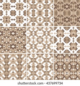 Collection of nine vector seamless geometrical patterns in brown color. Set of endless backgrounds of triangles and squares. Decorative abstract texture for parquet design, textile, pack paper and web