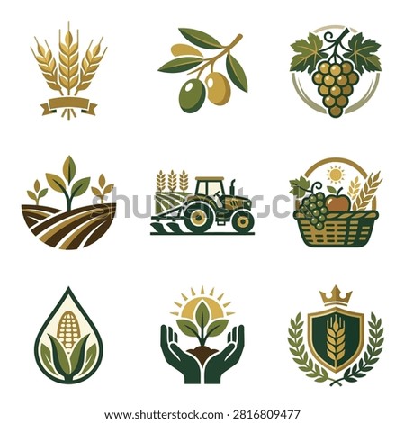 A collection of nine vector style icons and logos depicting agricultural themes including crops, farming machinery, harvest, and nature conservation.