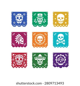 A collection of nine vibrant papel picado banners, each displaying a unique skull design in traditional Mexican folk art style.