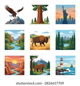 A collection of nine vibrant vector illustrations depicting iconic American symbols including bald eagle buffalo bear giant redwood statue of liberty and lighthouse